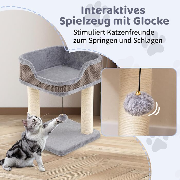 Дряпальня для котів COSTWAY, кігтеточка з плюшем, м'ячиком та сизалевими стовпчиками, дерев'яна, 38x38x51 см (сірий)