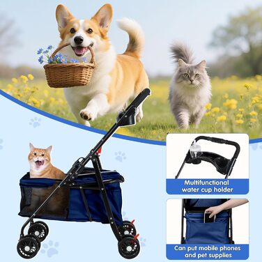 Дитяча коляска для тварин 4-Rad, синього кольору. Легка коляска для собак та котів з поворотними колесами та дихаючим мережевим покриттям. Ідеально для прогулянок та подорожей.