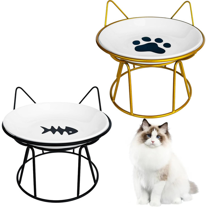 Котлові миски для котів, 2 шт. з підняттям, керамічні, з металевим підставкою, захист шиї, годівниця для котів
