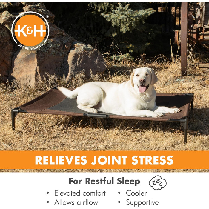 Охолоджуване собаче ліжко K&H Pet Products з піднятим бортиком для вулиці, з дихаючою сіткою, неслизькими гумовими ніжками, портативне (Шоколад/Чорна сітка, L 142 x B 97 x H 23 см)
