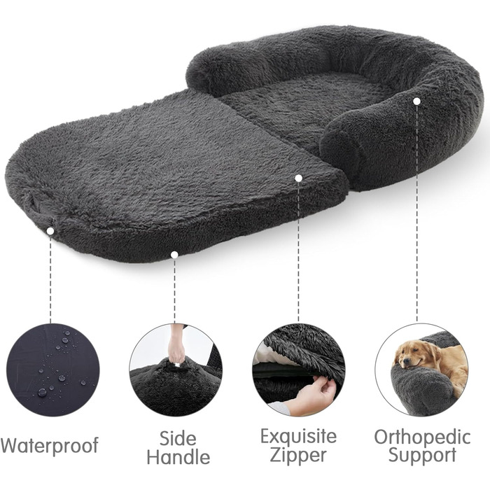 Крісло-ліжко для собак великих порід, 188 x 111,8 x 25,4 см, розкладне, плюшеве, ортопедичне, сірого кольору, для людей та тварин