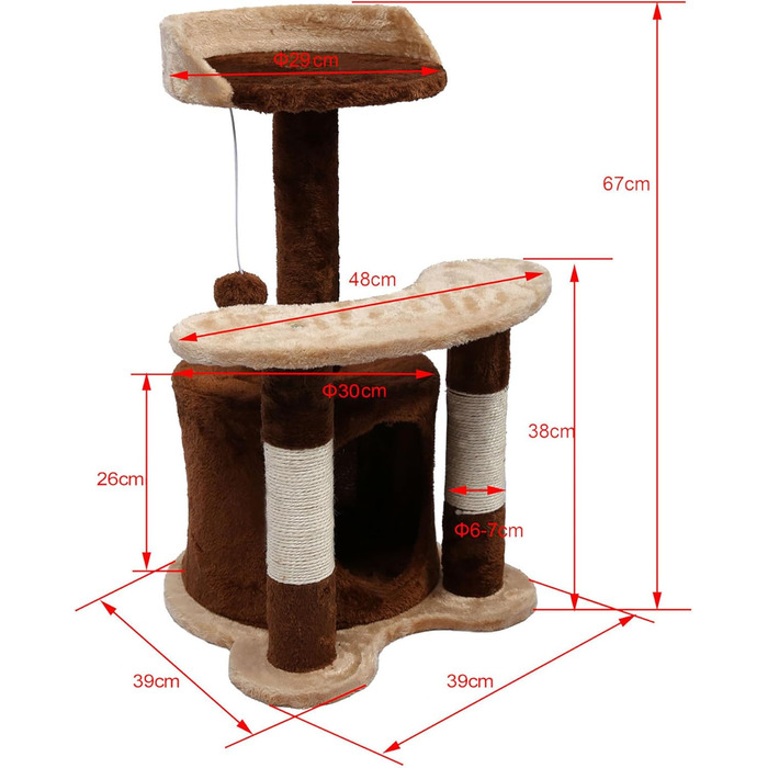 Дряпальня для котів Wiltec 67 см, чорно-біла з сизалю, платформа, будиночок та іграшковий м'яч, крізь котячий комплекс