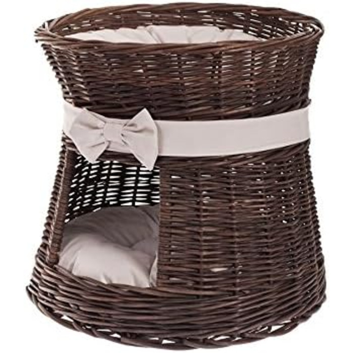 Кішка Будинок Круглий з Плетеної Лози Венге-Сірий, Двоярусний Корз для Кішки з Подушкою та Стрічкою, Кішка Тур, Темно-Коричневий_Бежевий