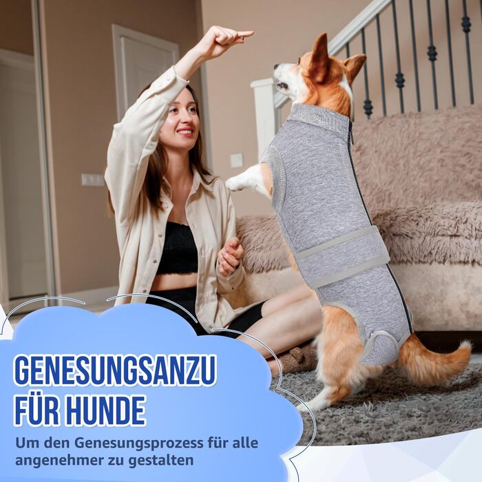 Захисний одяг для собак після операції: комбінезон з блискавкою та липучкою, анти-витікання та захист ран, дихаючий, для собак після операції (Сірий, M)