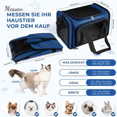 Транспортна сумка для кота/собаки TOFFCAEA, складана переноска, 5 кг, для середніх собак, 43x28x28 см, темно-синій