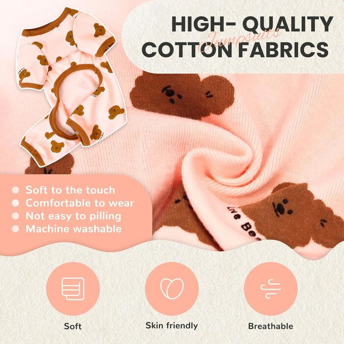 Піжама для собак AXIIJGL, бавовна, еластична, цільнокроєна, зручна, для маленьких собак, милий ведмедик, принт, для французького бульдога (Large, довжина спини 27 см), рожево-біла