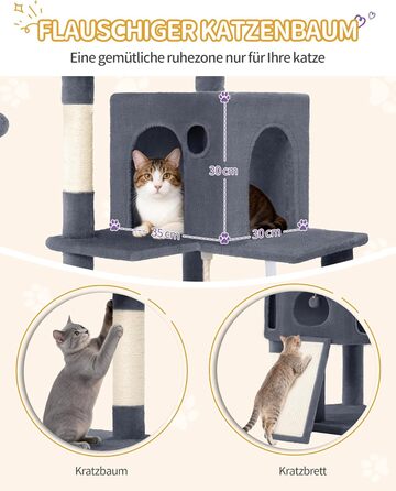 Кігтеточка для котів Hzuaneri, 174 см, XL, 2 платформи, 2 печери, 4 стовпчики, дошка для заточування кігтів, мотузка з сизалю, плюшеві кульки, для багатокотових сімей, MS17418LG (Темно-сірий)