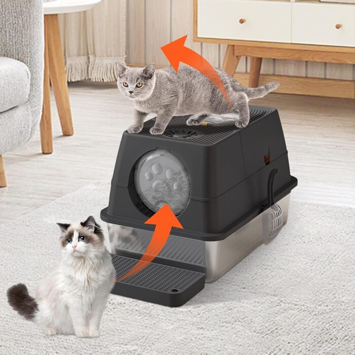 Hapihom туалет для котів із нержавіючої сталі з кришкою 60×40×39 см, закритий металевий лоток XXL з піщаним фільтром, совком, високими знімними бортами, легке очищення, чорний