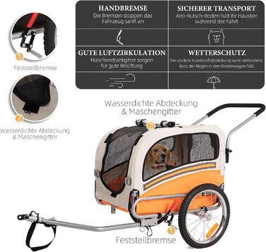 Причеп-трансформер для собак 2-в-1 для велосипеда та бігу – для собак до 30 кг, з гальмами, сигнальним прапором, для активного відпочинку та дому, легкий у збиранні (Помаранчевий)