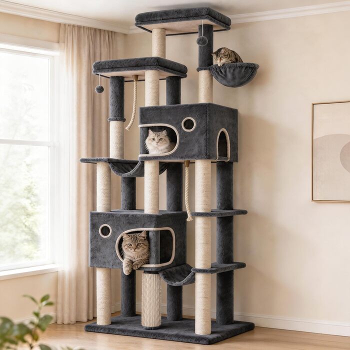 Комплекс для котів Hzuaneri Kratzbaum 213 см XXL: Дряпка-стовпчик, будиночок, платформа, гойдалка для Maine Coon (темно-сірий)