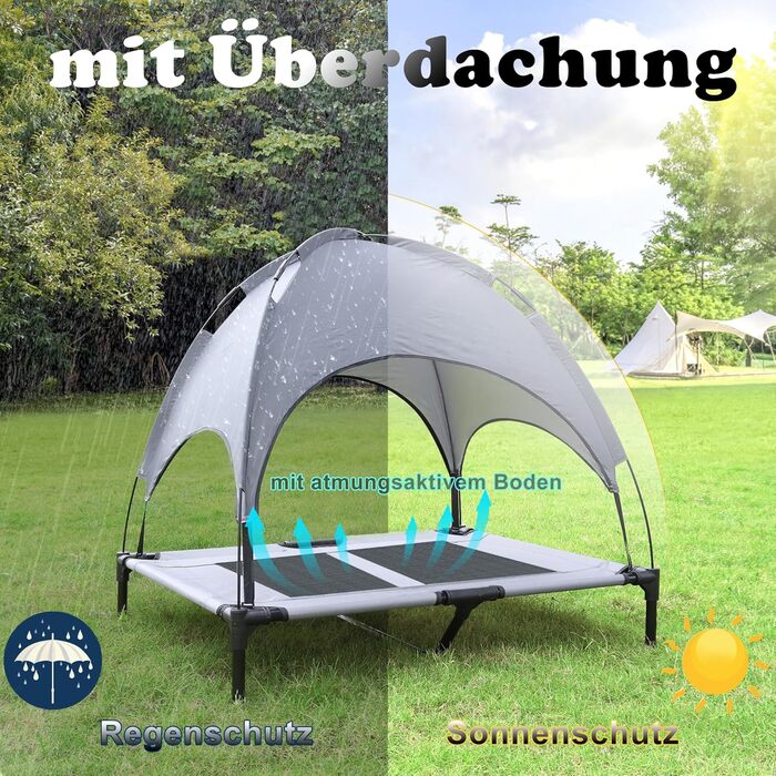 Підвищене собаче ліжко з дахом, сонцезахист, ліжко для домашніх тварин з балдахіном, лежанка для собак на вулицю, собаче софа з неслизькими підкладками, водонепроникний дах та дихаюча сітка, розмір 92x76x92 см