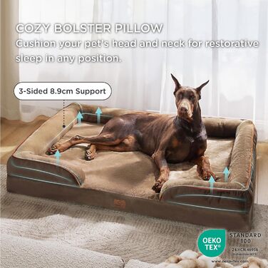 Ортопедичне ліжко для собак BEDSURE - 122x89 см, зручне диван для великих собак, з ефектом пам'яті, коричневий, миється, антиковзаюче