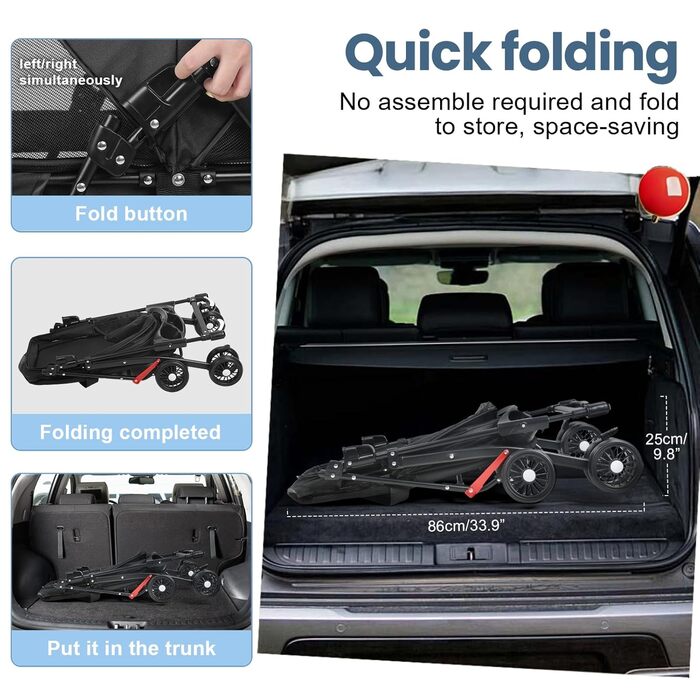 Складаний візок для собак з 4 колесами та дихаючою сіткою - Легкий транспортний візок для маленьких собак та котів до 10 кг, з регульованим сонцезахистом, тримачем для напоїв та страхувальним ременем, Чорний