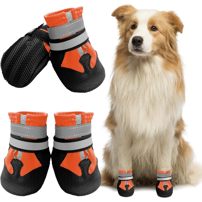 Водонепроникні чоботи для собак, 4 шт. Антиковзаючі собачі чоботи з неслизькою підошвою та світловідбиваючим кріпленням, для маленьких, середніх та великих собак (XL, Помаранчеві)