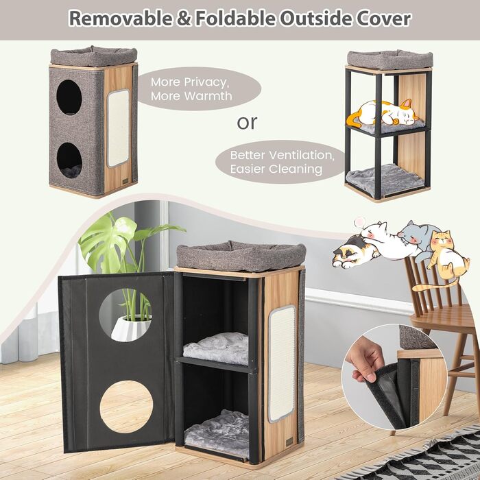 Котячий будиночок SOARS з когтеточкою, 3 яруси, 2 будиночки та лежанка для котів, когтедряпалка, меблі для котів