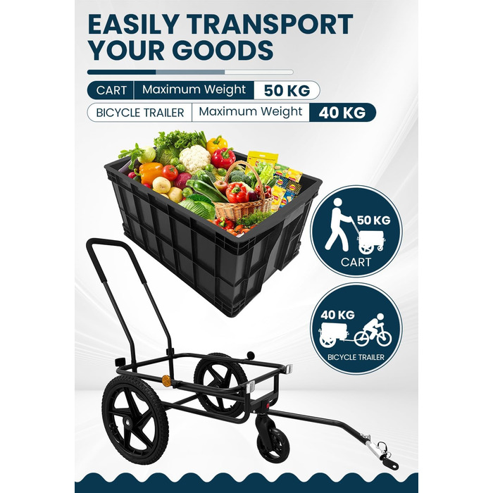 Велосипедний причіп 2-в-1 з ручкою для штовхання, міцний сталевий каркас, колеса 40 см, вантажопідйомність до 40 кг, чорний