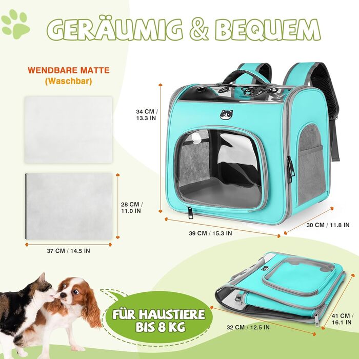 Рюкзак для котів та маленьких собак ALLSOPETS, дихаючий, з фронтальною відкриванням та страхувальним ремінцем, для подорожей, походів та прогулянок (М'ятно-зелений)