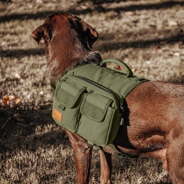 Шлейка для собак OneTigris з рюкзаком Hoppy Camper 3.0, зелена, для середніх та великих собак. Рюкзак для собак з 2 основними та 4 додатковими кишенями