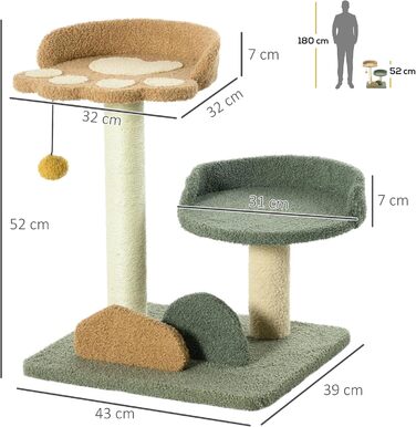 Котячий будиночок PawHut: невеликий когтетоп з 2 рівнями, м'ячик, сизаль, до 5 кг