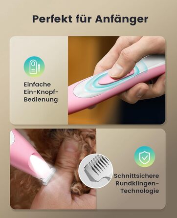 Триммер для собак Oneisall: безшумний, акумуляторний, з LED-підсвічуванням для догляду за лапами, очима, вухами та обличчям (зелений, рожевий)