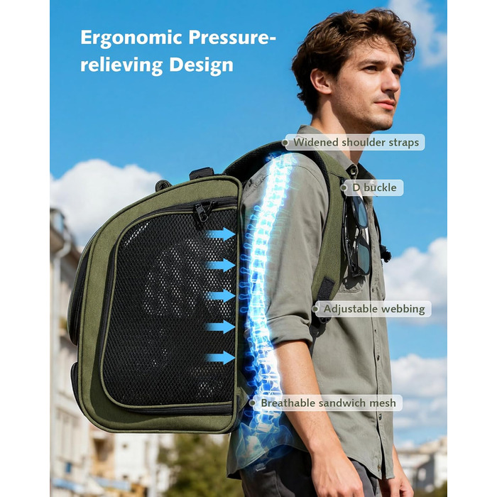 Пек'ют Рюкзак для кота Bubble з сітчастим вікном, переноска для тварин, розширювана, темно-зелений (L 32 x B 26 x H 42 см)