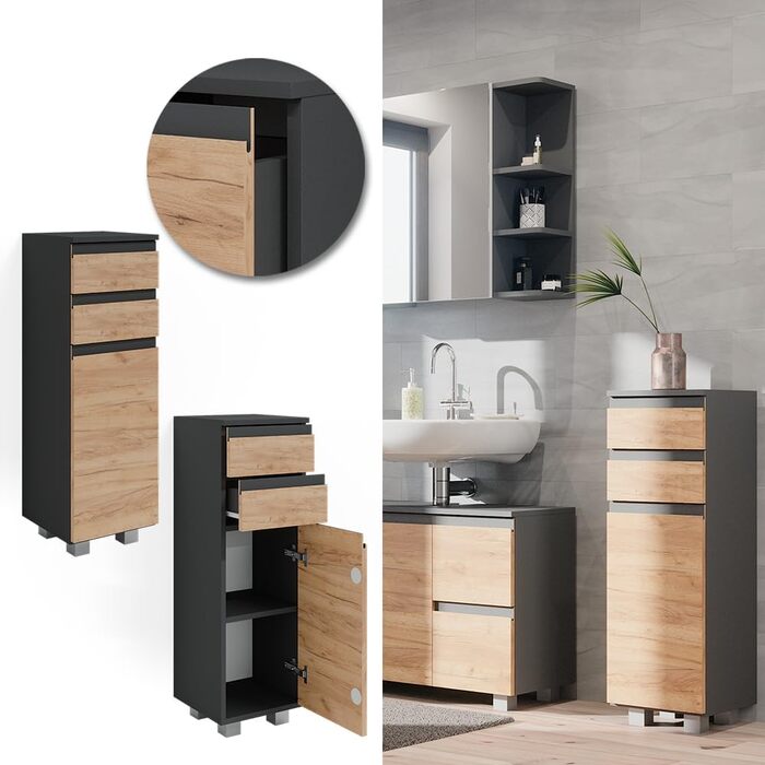 Шафа для ванної Vicco J-Shape, антрацит/дуб, 30x95 см