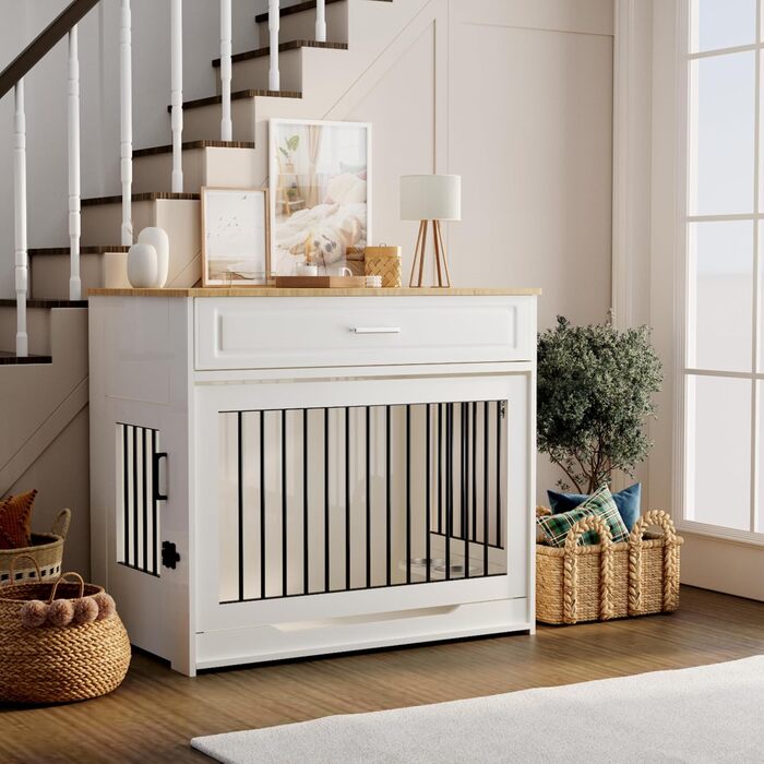DAWNYIELD Клітка для собак, меблі для тварин, дерев'яний вольєр з відкриваючимся верхом, шухляда, меблевий стиль, внутрішній вольєр для собак, стіл з поворотним мисником на 360°, білий колір, ковзаюча дверцята білого кольору