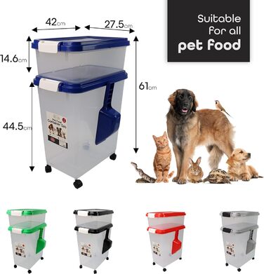 DIVCHI Контейнер для зберігання корму для тварин 3в1 з мірною ложкою, синій. Підходить для собак, котів та інших тварин. Герметичний, з роликами, для сухого корму.