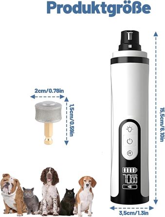 Електричний точилка для кігтів собак з 2 насадками, тример для подушечок лап з LED-підсвічуванням та 3 швидкостями, для великих, середніх та малих собак