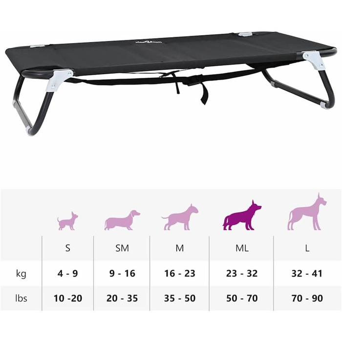 Складане ліжко для собак середніх порід від vidaXL – чорного кольору, метал та тканина | Зручне підняте ліжко для дому та вулиці, довговічні меблі для тварин, 90 x 55 x 18 см