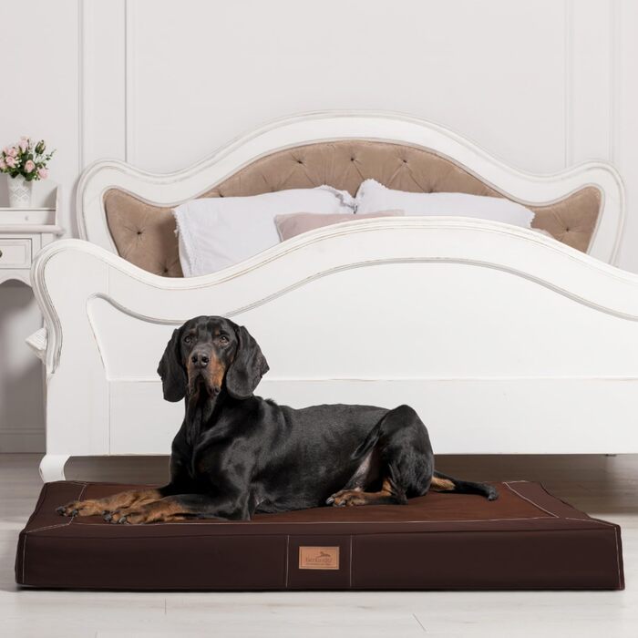 Ортопедичний лежак для собак Tierlando® Oscar VIP з екошкіри та велюру, з в'язкоеластичною піною, антипрослизкова підкладка, 100x80 см, коричневий