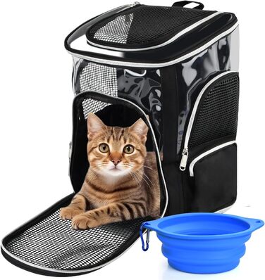 Рюкзак для тварин: переноска для собак та котів, до 9 кг, з сіткою та мискою, чорний