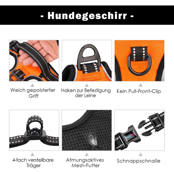 Шлейка для собак PHOEPET з регулюванням, для прогулянок, з карабіном, світловідбиваючими смугами та ручкою для контролю (XL, помаранчевий)