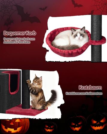 Дерево для кігтів Hzuaneri, 98 см, зі стійкою основою, з лежаком, будиночком для котів, сизалевими стовпчиками, кошиком та іграшками, меблі для котів, ігровий комплекс, MS07618LG (55 x 30 x 98 см, Чорний/Червоний)