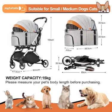 Візок для собак 3 в 1, до 15 кг, сірий. Візок для собак та котів, складний, з сумкою-переноскою, для маленьких та середніх тварин. З дощовим захистом