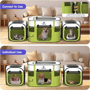 Pawaboo Зручний переносна клітка для тварин, розкладний вольєр для собак та котів з водонепроникного оксфорду, з сумкою для перенесення та мискою, для цуценят, котів, кроликів, для використання в приміщенні та на вулиці, зелений, 80x60x55 см (3-в-1 вольєр