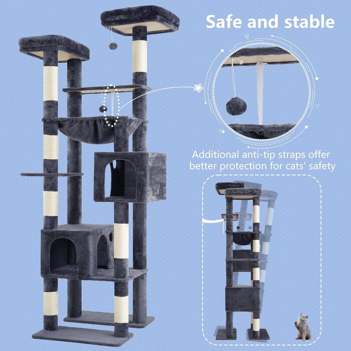 Комплекс для котів Hey-brother Hoher Kratzbaumturm: багатоярусний, з гамаком, печерами та іграшками, 203 см, сірий