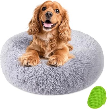 М'яке ліжко для собак середнього та маленького розміру, котяче ліжко, круглий килимок для собак, знімний та пральний килимок для собак, діаметр 50 см, довгий плюш, неслизьке ліжко для собак, диван для собак з високим бортиком, сірий колір
