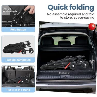 Складаний візок для собак з 4 колесами та дихаючою сіткою - Легкий транспортний візок для маленьких собак та котів до 10 кг, з регульованим сонцезахистом, тримачем для напоїв та страхувальним ременем, Чорний