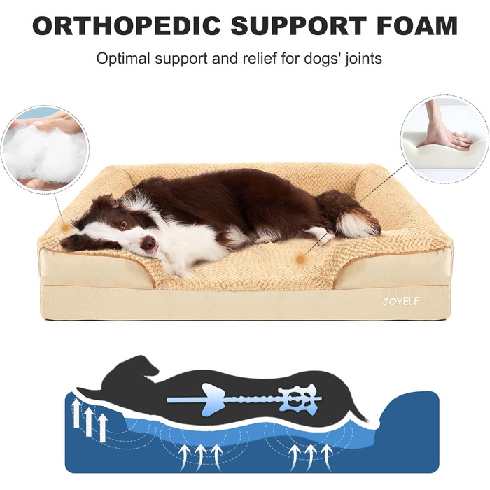 Ортопедичне ліжко для собак Joyelf, велике, вологостійке, знімний чохол, неслизьке дно, 90x66x18 см, хакі