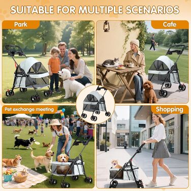 Візок для тварин: для собак та котів, складання, 4 колеса, сірий