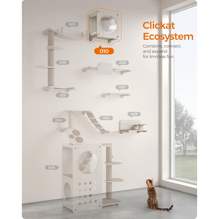 Дряпка для котів Feandrea Clickat Collection - 006, 100 см, з 2 стійками, печера для котів (M-010), монтаж на стіну