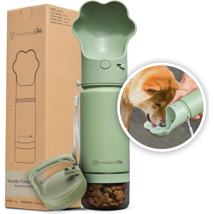 Hana Pets: Поїлка для собак у дорозі з кришкою та контейнером для їжі - ідеальна для подорожей та активного відпочинку. Ізольована фляга з нержавіючої сталі з додатковим кришкою та карабіном.