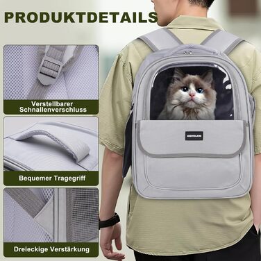 Рюкзак для кота/собаки до 7 кг, дихаючий, з сіткою та страхувальним ремінцем – водовідштовхувальне оксфордське полотно, складаний, для подорожей, ветеринара (сірий)