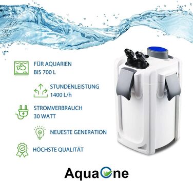Зовнішній фільтр AquaOne HW-703A 1400 л/год для акваріумів до 700 л, високоякісний фільтр з фільтруючими матеріалами для прісноводних і морських акваріумів