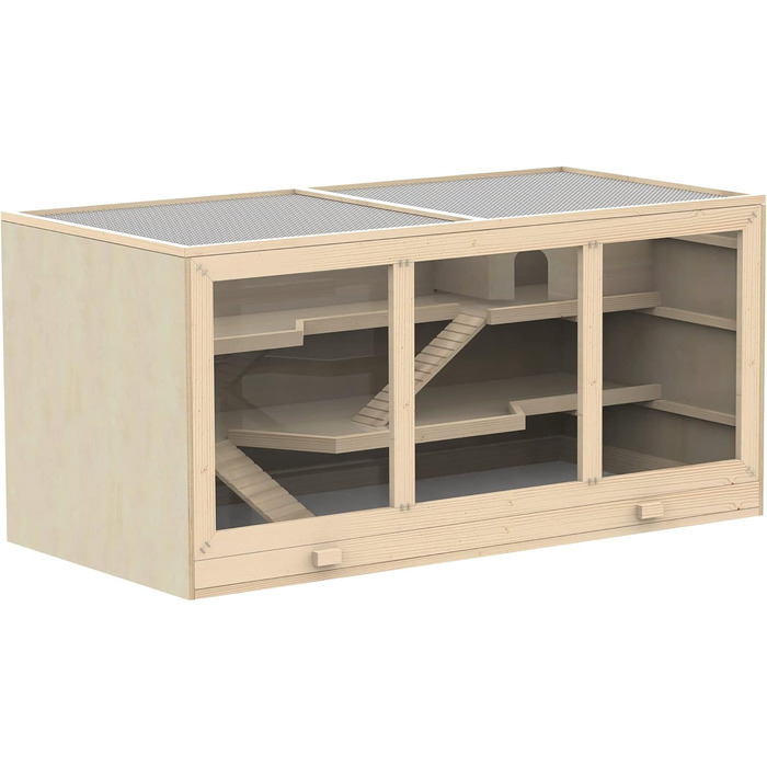 Клітка для тварин PawHut, клітка для гризунів з рампою та гойданням, верхня кришка відкривається, знімна піддон, дерево сосна та PS пластик, 115 x 60 x 55 см