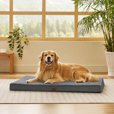 Ортопедичне ліжко для великих собак Bedsure 112x81x7.6 см, м'який і пухнастий матрац, темно-сірий, придатний для прання