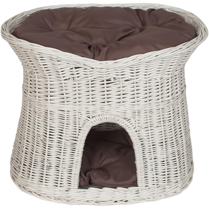 Корзина для котів, лежанка для котів, будиночок для котів L, 60 см, овальна, з плетеної лози, двоярусна, коричнева, знімні подушки