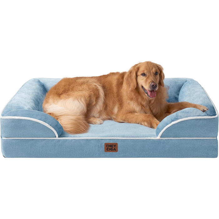 Ортопедичне ліжко для собак великих порід EHEYCIGA, 112x81 см, кошик для собак з Memory Foam, водовідштовхувальне, неслизьке, з високим бортиком, блакитний колір