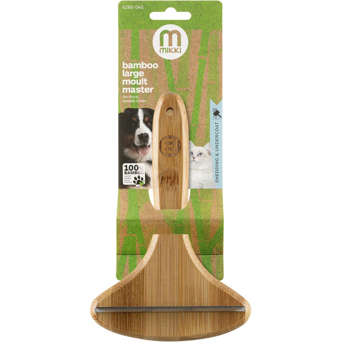 Щітка Mikki для собак та котів з бамбуковою ручкою, видаляє підшерсток та линяючу шерсть, нержавіюча сталь